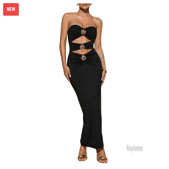 Strapless Metal Cut Out Bodycon Maxi Dress Party Cocktail Evening